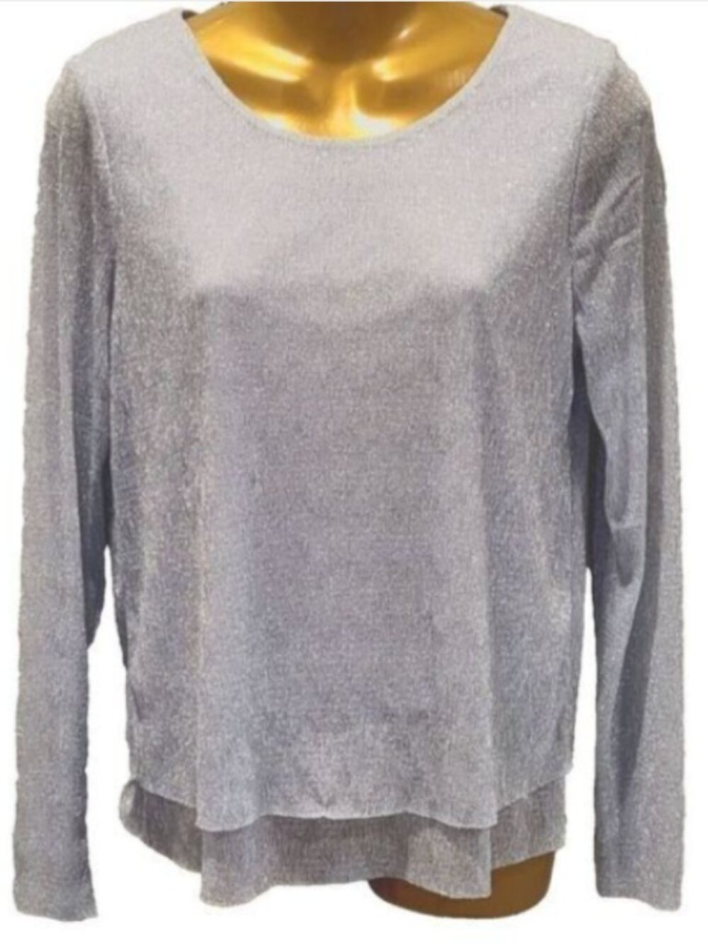 Chico's Size 0 (X-Small) Sheer Shiny Silver Blouse 2 Layers Stretch Long Sleeve - Picture 2 of 9